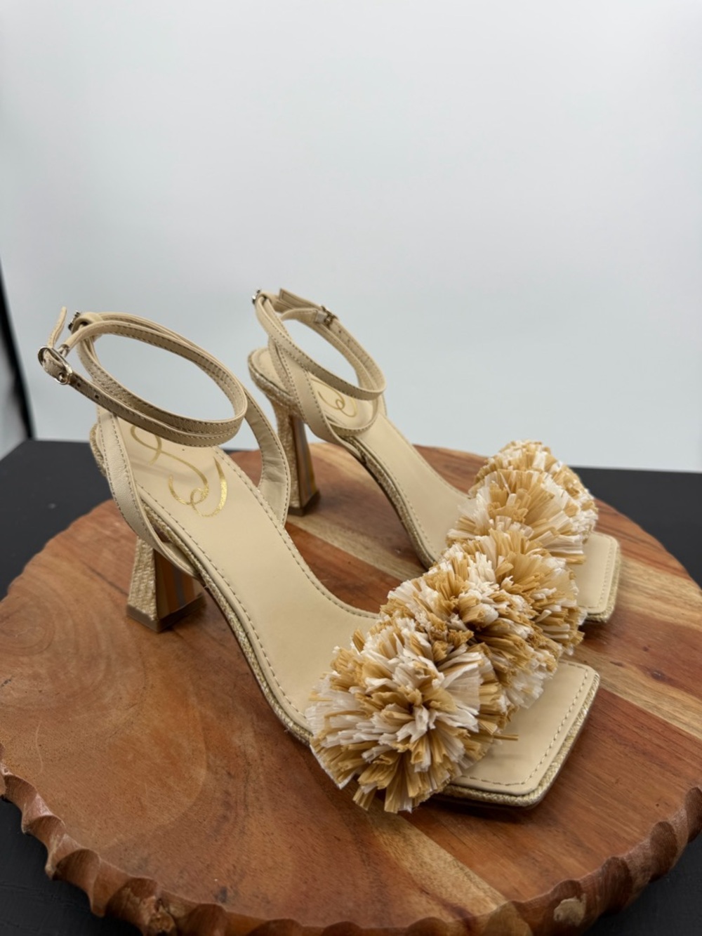 Sam Edelman Clare heel Sandals square toe raffia pom-pom ankle strap 6.5 - Picture 2 of 11